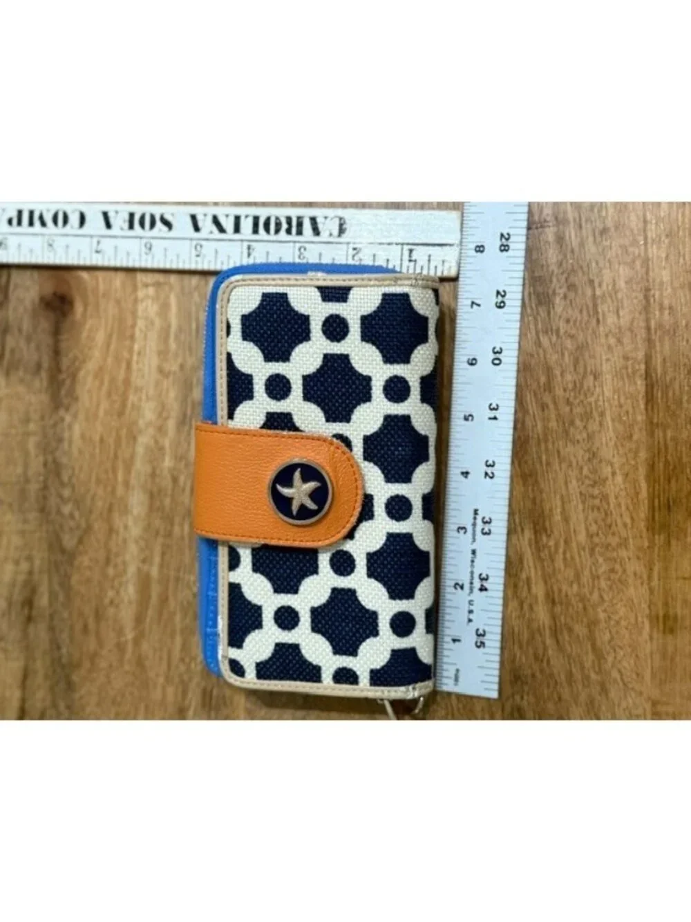 Spartina 449 May River Wallet Starfish Linen Leather Tan Navy White Snap Zip Aro